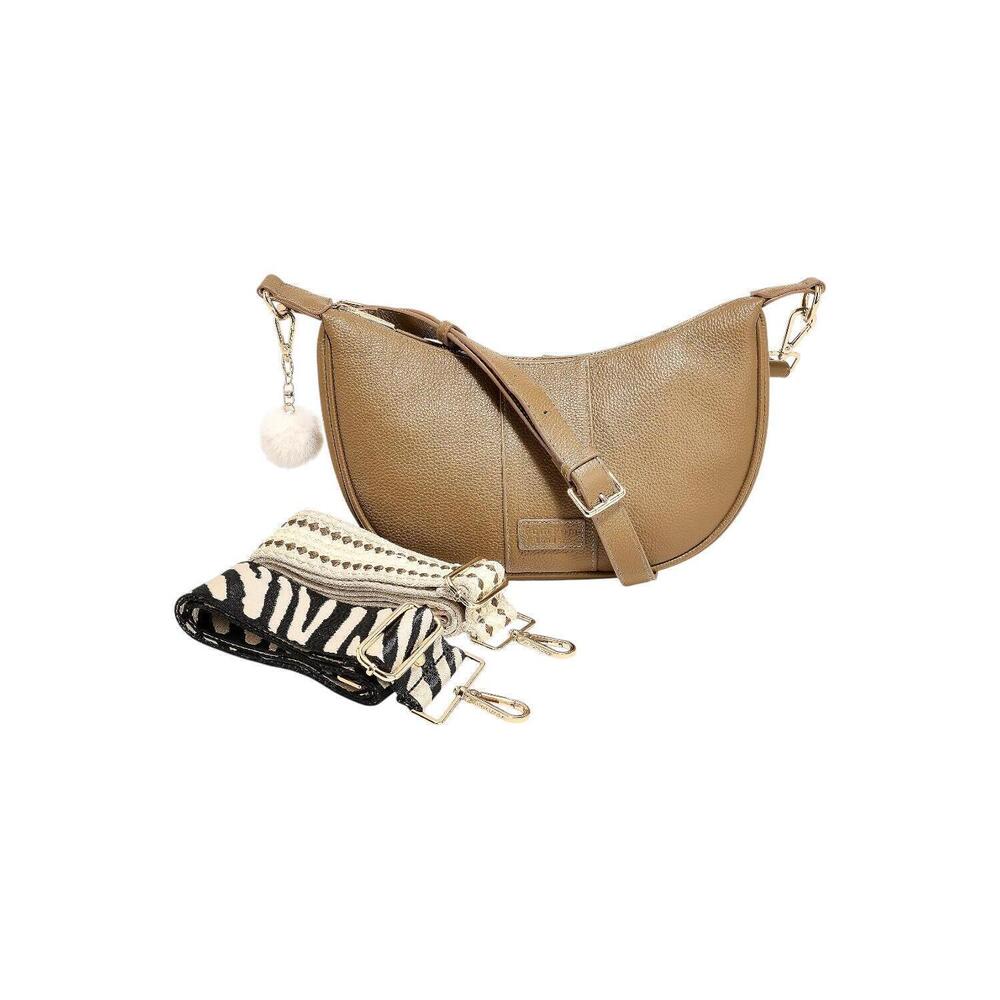 Pom Pom London Leather Sutton Crescent Shoulder Bag w/ 3 Straps Mocha